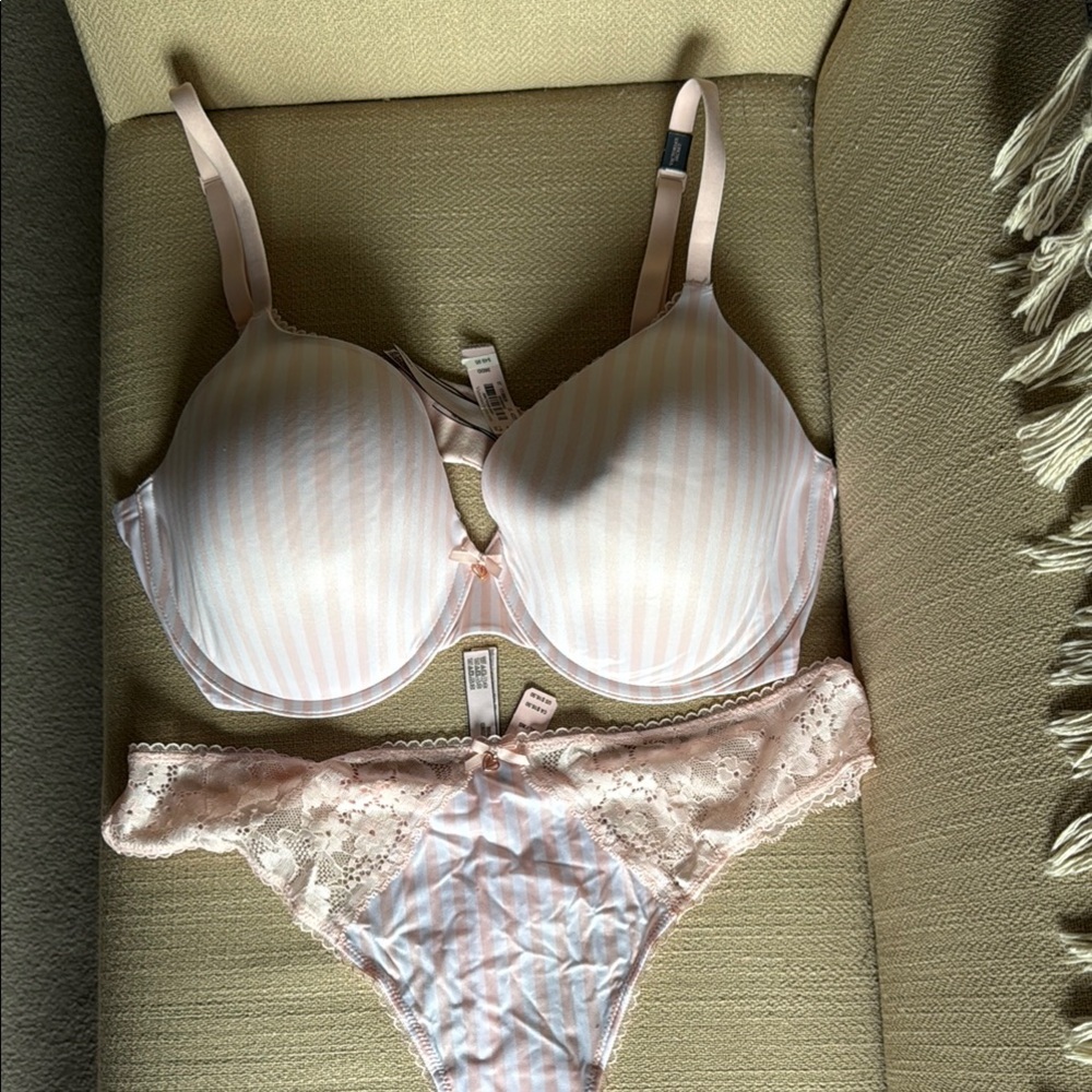 Elegant Lace Trim Striped Bra and Panty Set - Pink New with tags.